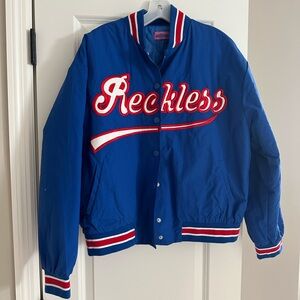 Edikted Blue Bomber Jacket with Red and White Accents - Reckless